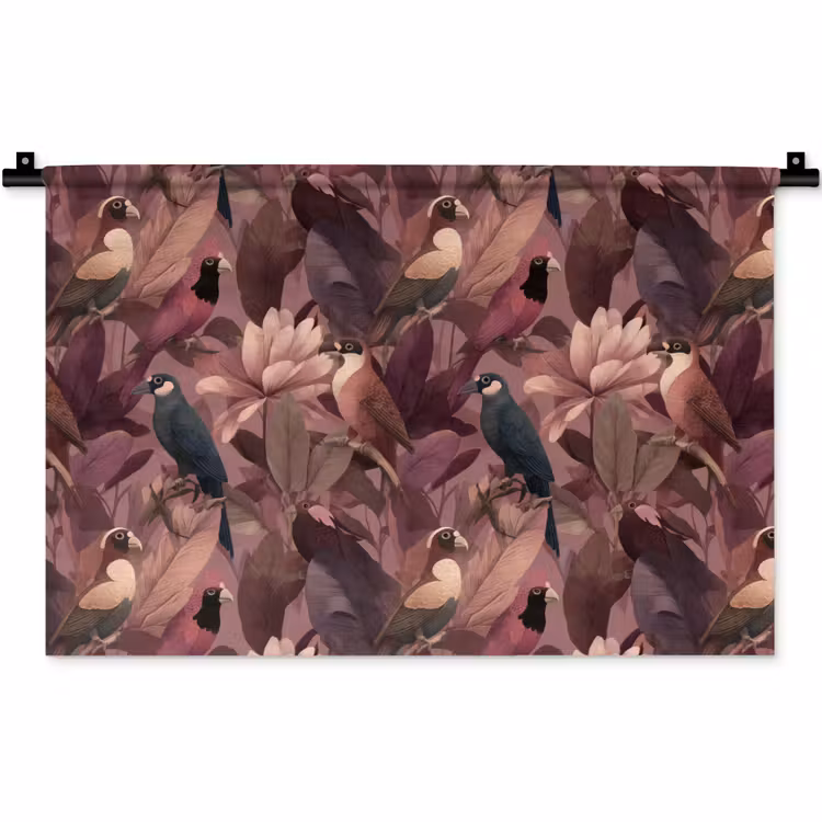 Vogels - Bladeren - Roze Wandkleed katoen klein 269 -zz3d