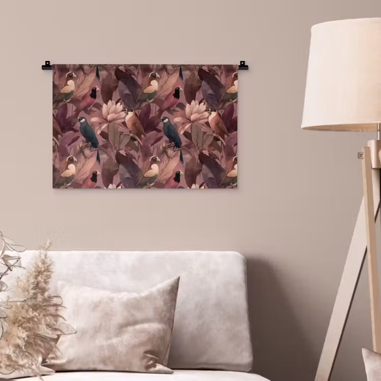 Vogels - Bladeren - Roze Wandkleed katoen klein 269 -sfeer4