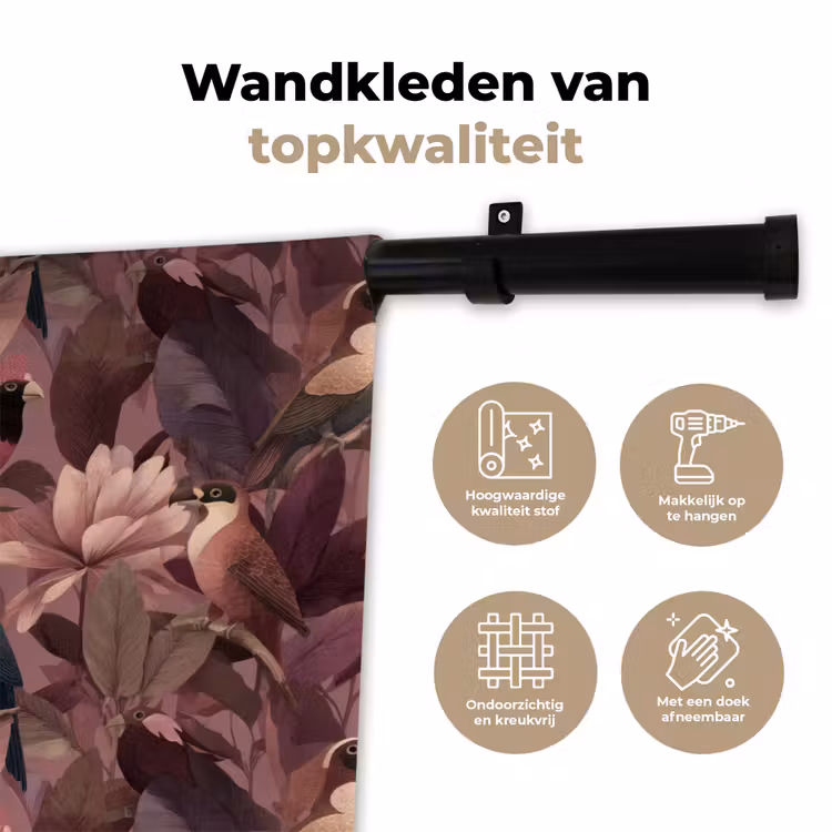 Vogels - Bladeren - Roze Wandkleed katoen klein 269 -sfeer2