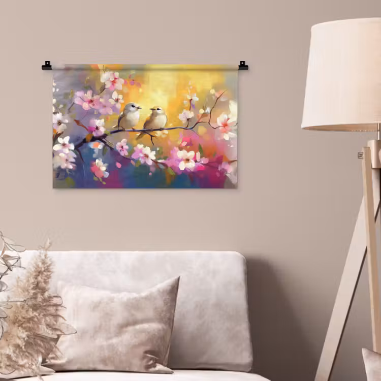 Vogels - Bloemen - Roze Wandkleed katoen klein -sfeer4
