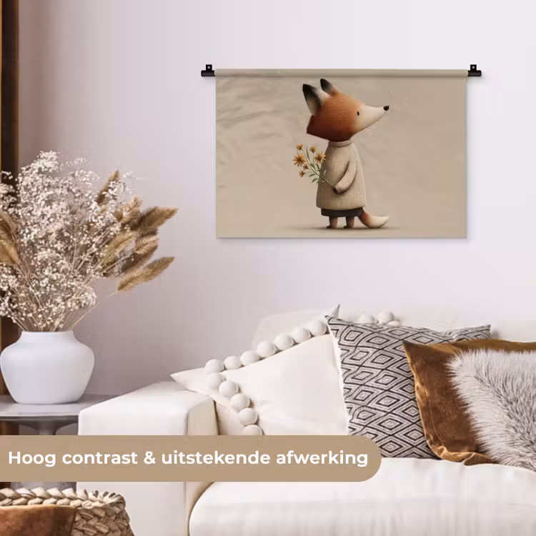 Vos - Gele bloemen - Minimalistisch Wandkleed katoen klein -sfeer1