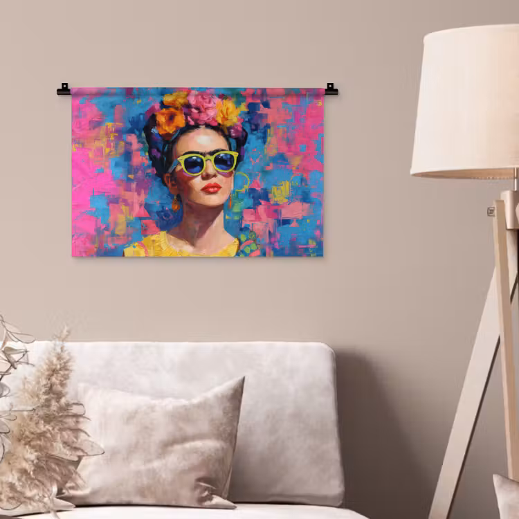 Vrolijk portret - Vrouw - Bloemenkroon Wandkleed katoen klein -sfeer4