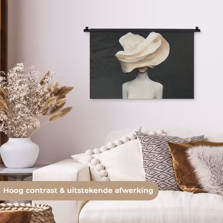 Vrouw - Beige - hoed Wandkleed katoen klein -sfeer1