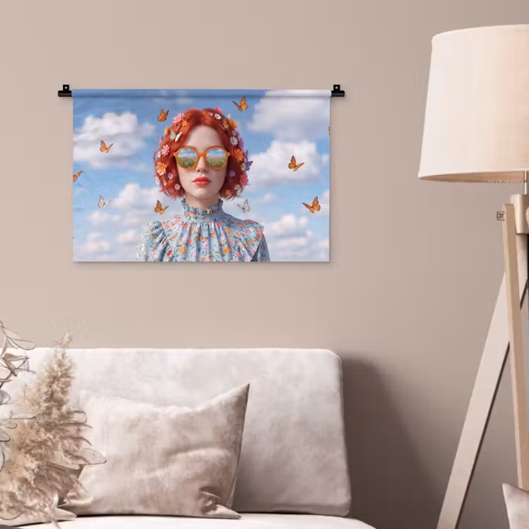 Vrouw - Bloemen - Zomer - Portret - Kleurrijk Wandkleed katoen klein -sfeer4