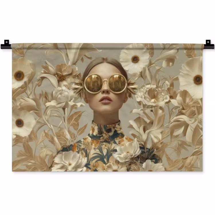 Vrouw - Bloemen - Zonnebril - Wit Wandkleed katoen klein -zz3d