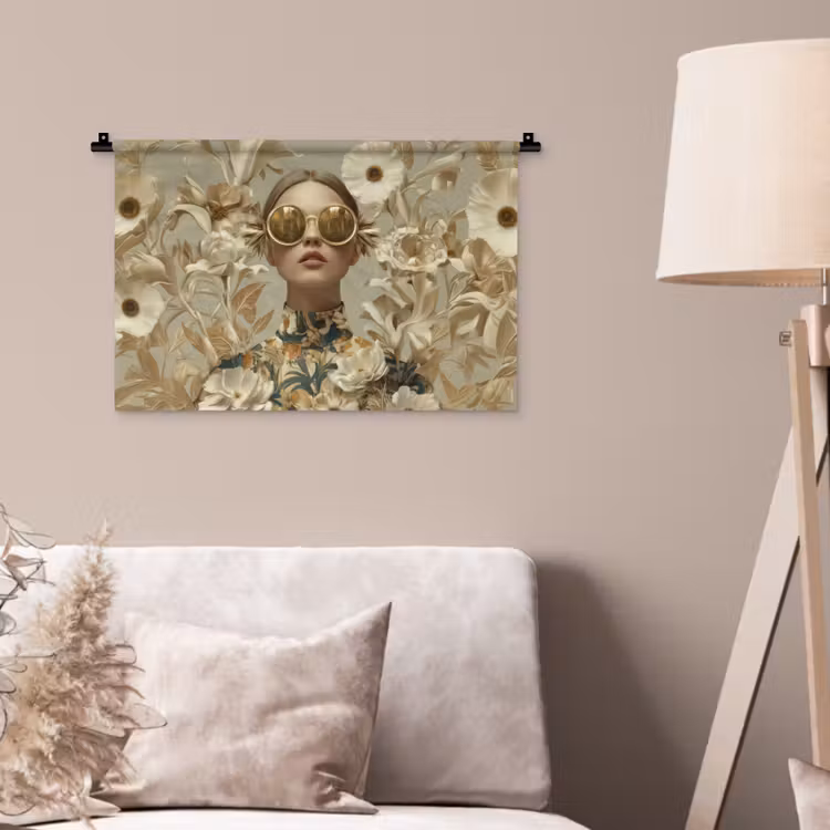 Vrouw - Bloemen - Zonnebril - Wit Wandkleed katoen klein -sfeer4