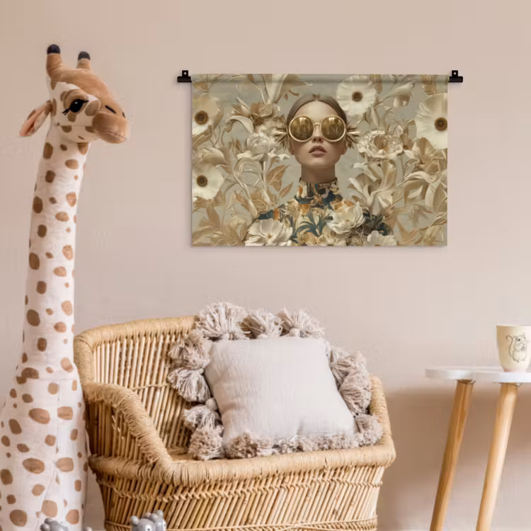 Vrouw - Bloemen - Zonnebril - Wit Wandkleed katoen klein -wsfeer5_kind
