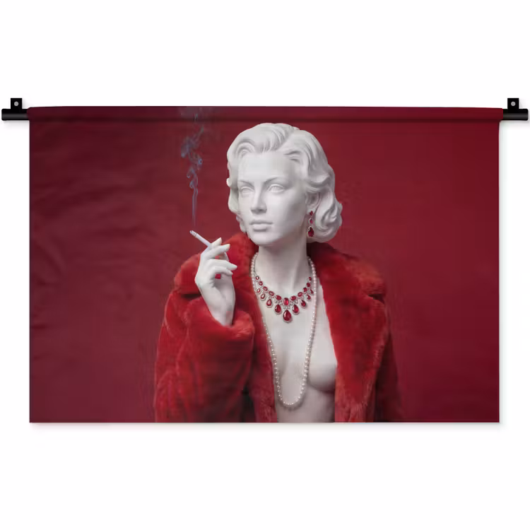 Vrouw - Bontjas - Mode - Klassiek - Rood Wandkleed katoen klein -zz3d