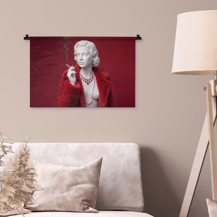 Vrouw - Bontjas - Mode - Klassiek - Rood Wandkleed katoen klein -sfeer4