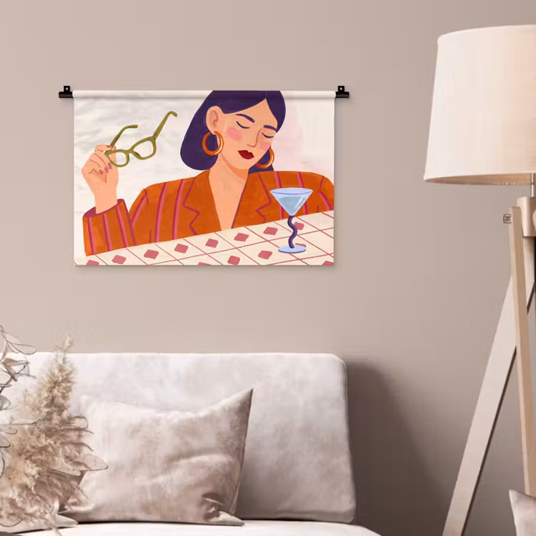 Vrouw - Bril - Cocktail - Illustratie - Modern Wandkleed katoen klein -sfeer4