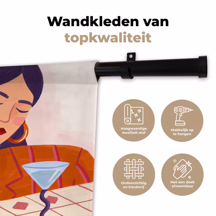 Vrouw - Bril - Cocktail - Illustratie - Modern Wandkleed katoen klein -sfeer2