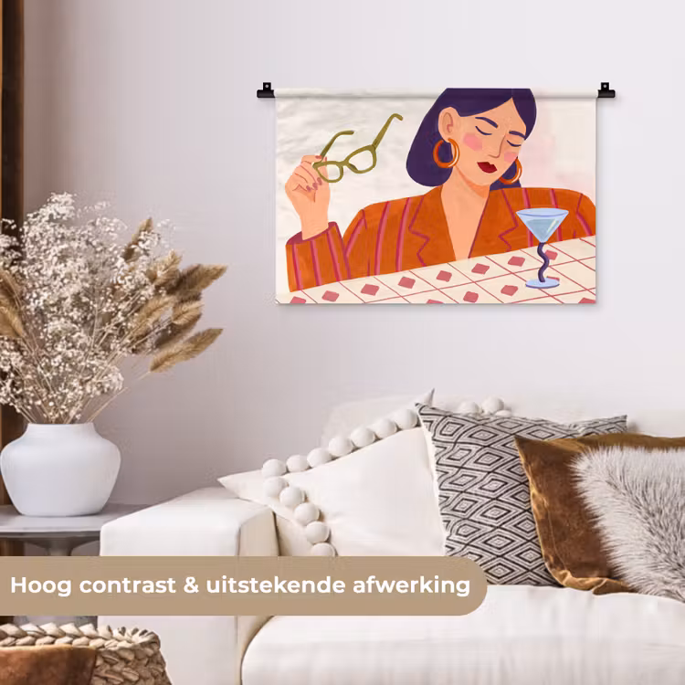 Vrouw - Bril - Cocktail - Illustratie - Modern Wandkleed katoen klein -sfeer1