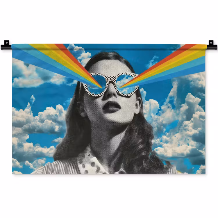 Vrouw - Bril - Regenboog - Wolken Wandkleed katoen klein -zz3d