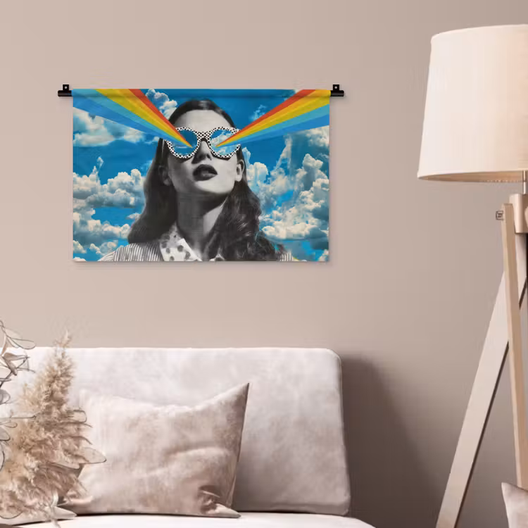 Vrouw - Bril - Regenboog - Wolken Wandkleed katoen klein -sfeer4