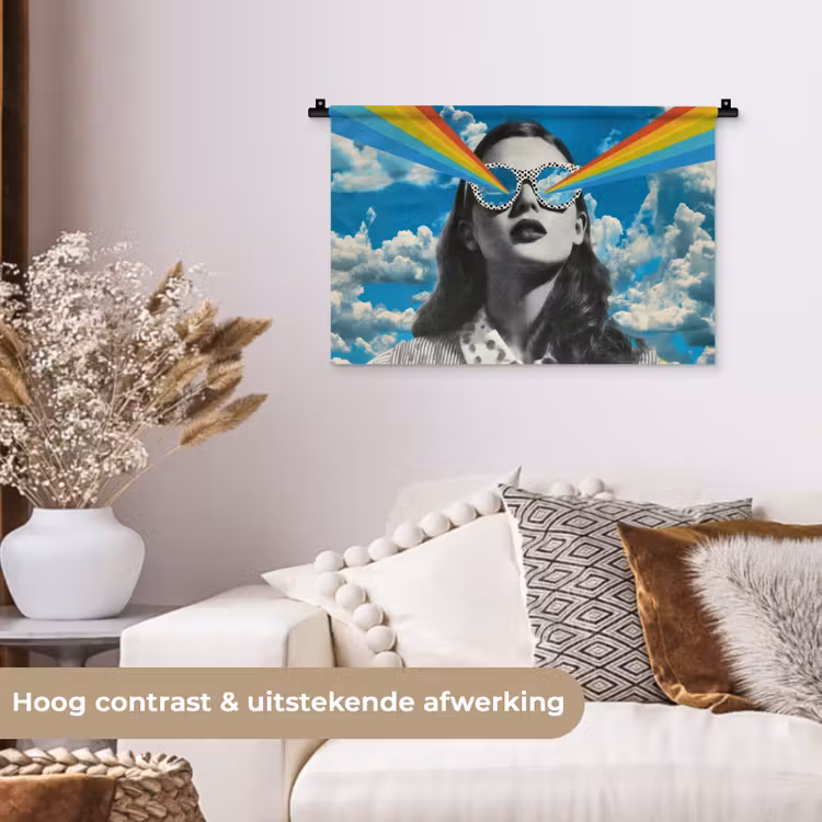 Vrouw - Bril - Regenboog - Wolken Wandkleed katoen klein -sfeer1