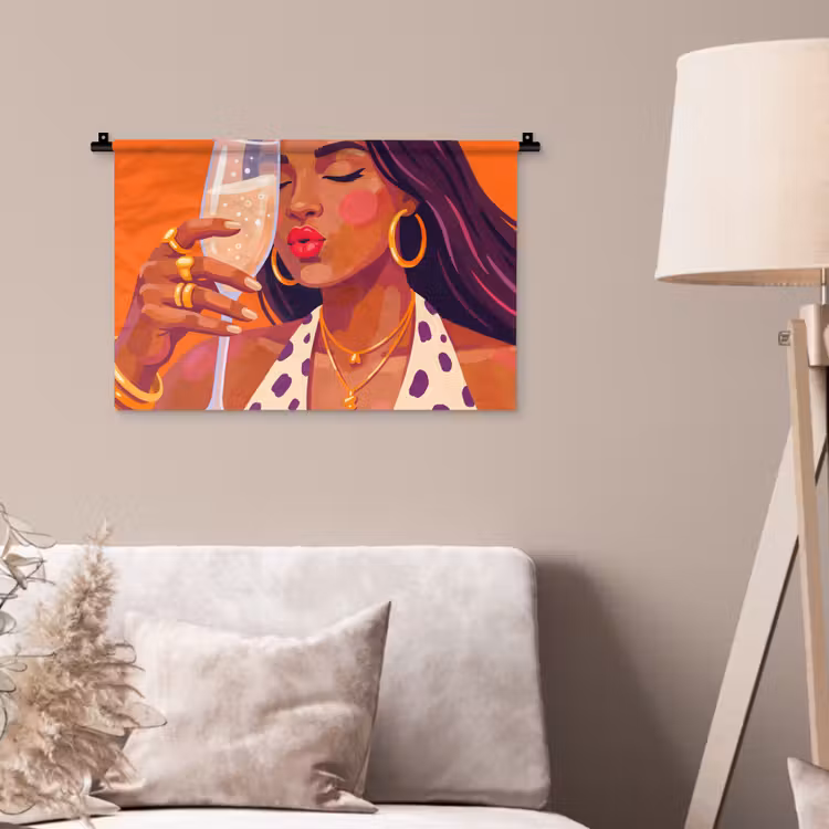 Vrouw - Champagne - Feest - Modern - Oranje Wandkleed katoen klein -sfeer4