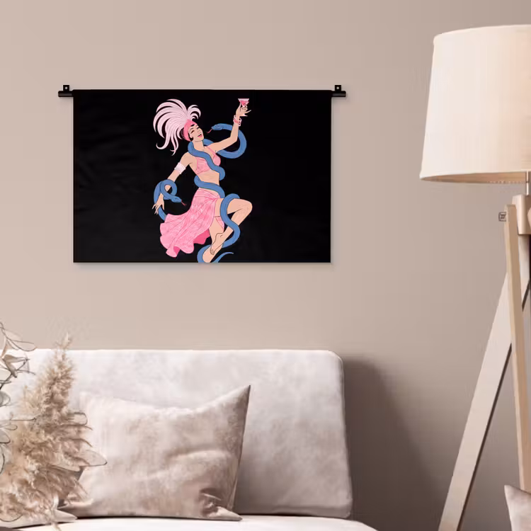 Vrouw - Danseres - Slangen - Art Deco - Roze Wandkleed katoen klein -sfeer4