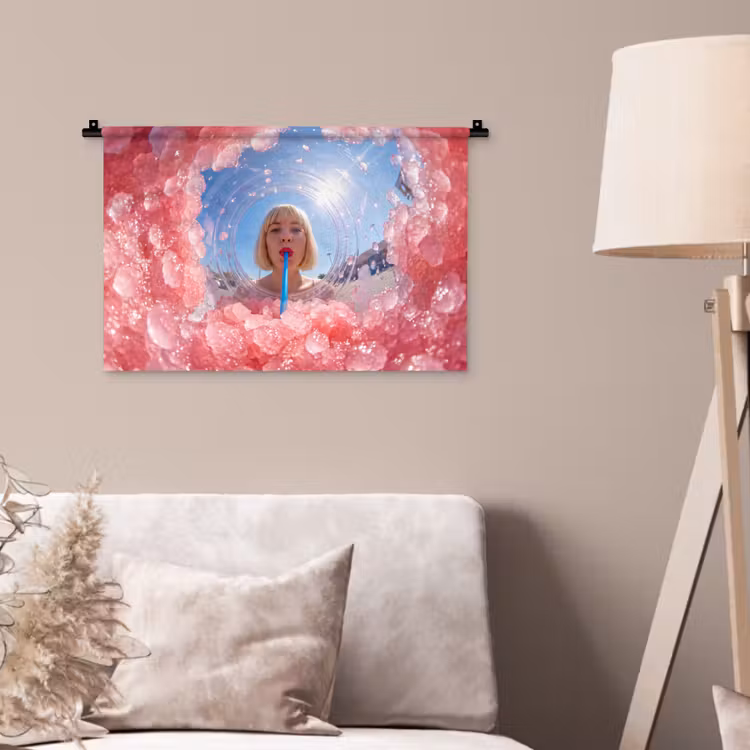 Vrouw - Drank - Zomer - Roze - Blauw Wandkleed katoen klein -sfeer4