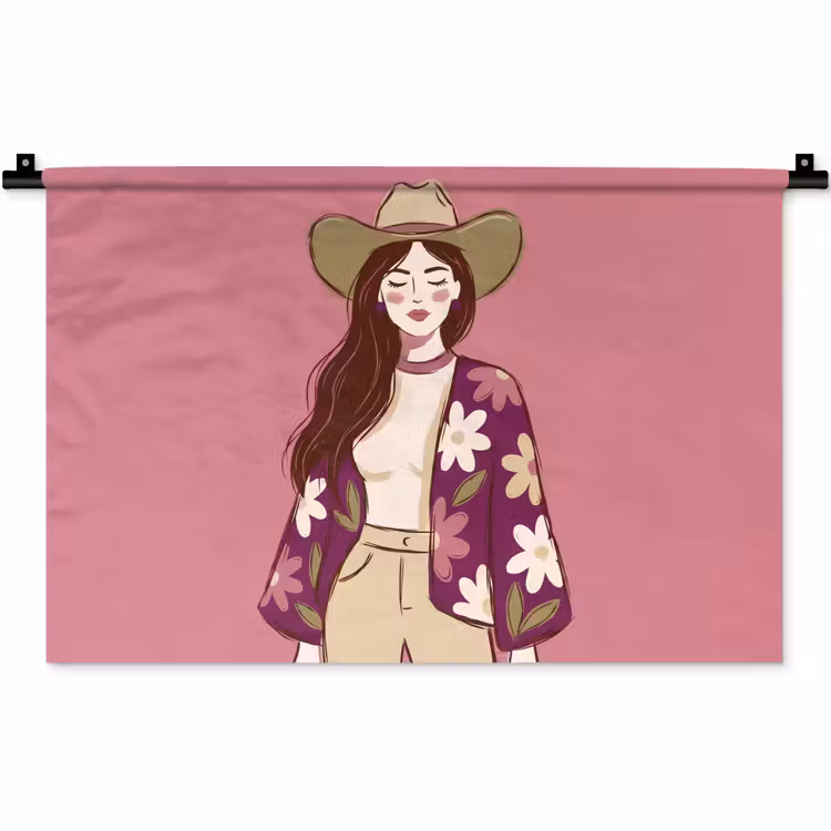 Vrouw - Hoed - Portret - Illustratie - Roze Wandkleed katoen klein -zz3d