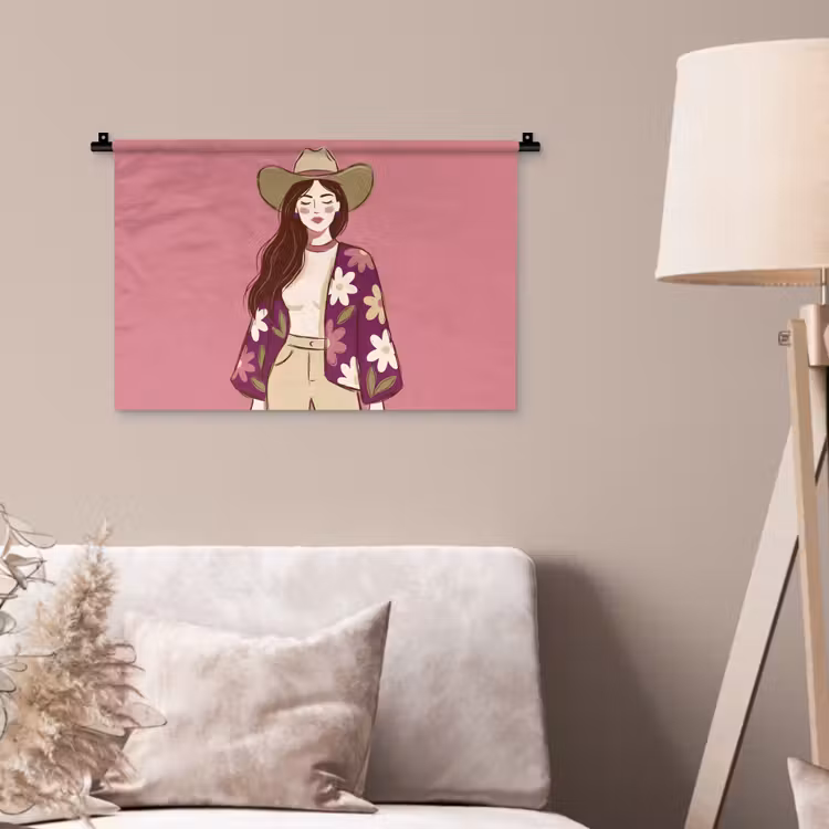 Vrouw - Hoed - Portret - Illustratie - Roze Wandkleed katoen klein -sfeer4