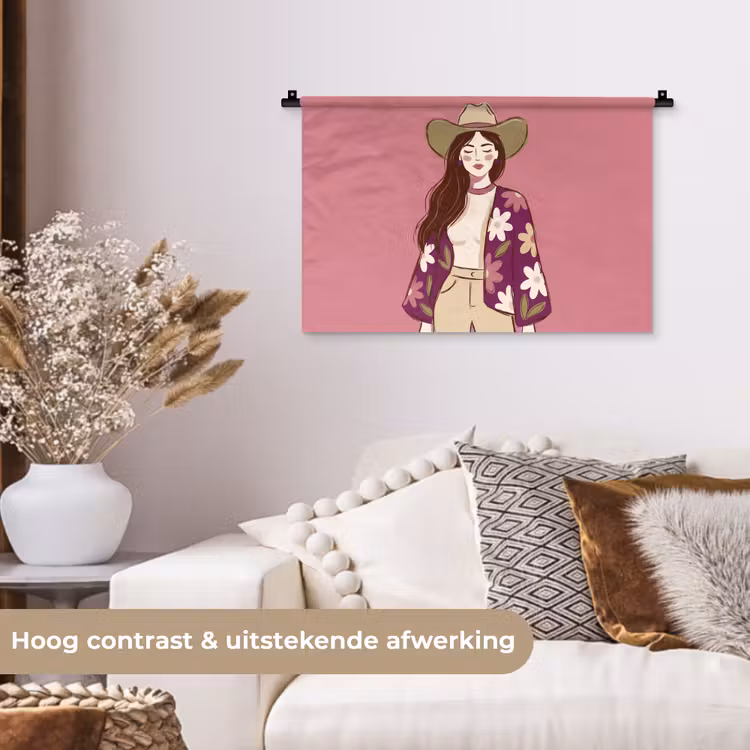 Vrouw - Hoed - Portret - Illustratie - Roze Wandkleed katoen klein -sfeer1