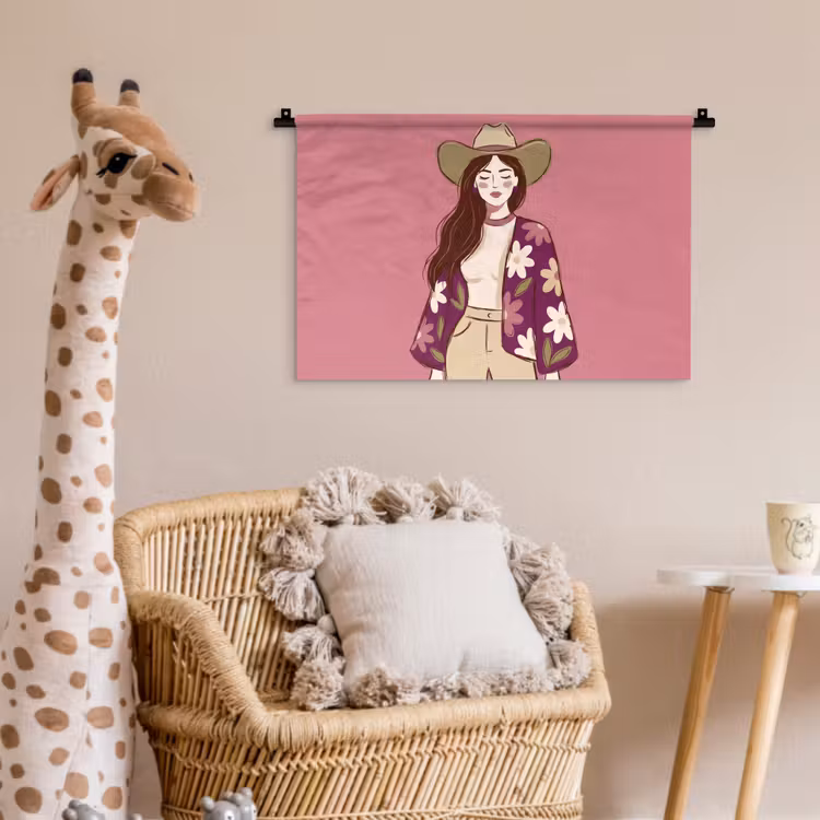 Vrouw - Hoed - Portret - Illustratie - Roze Wandkleed katoen klein -wsfeer5_kind