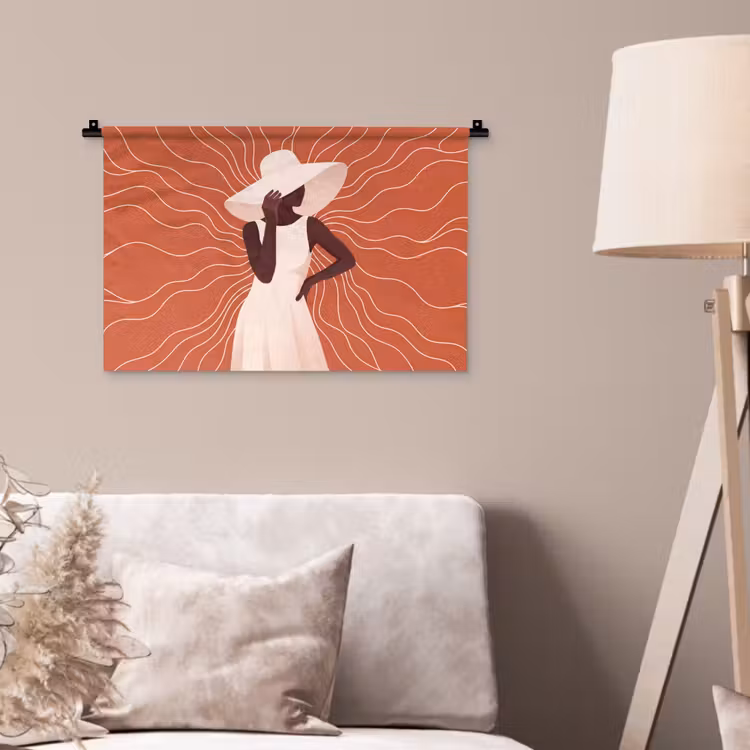 Vrouw - Hoed - Portret - Modern - Beige Wandkleed katoen klein -sfeer4
