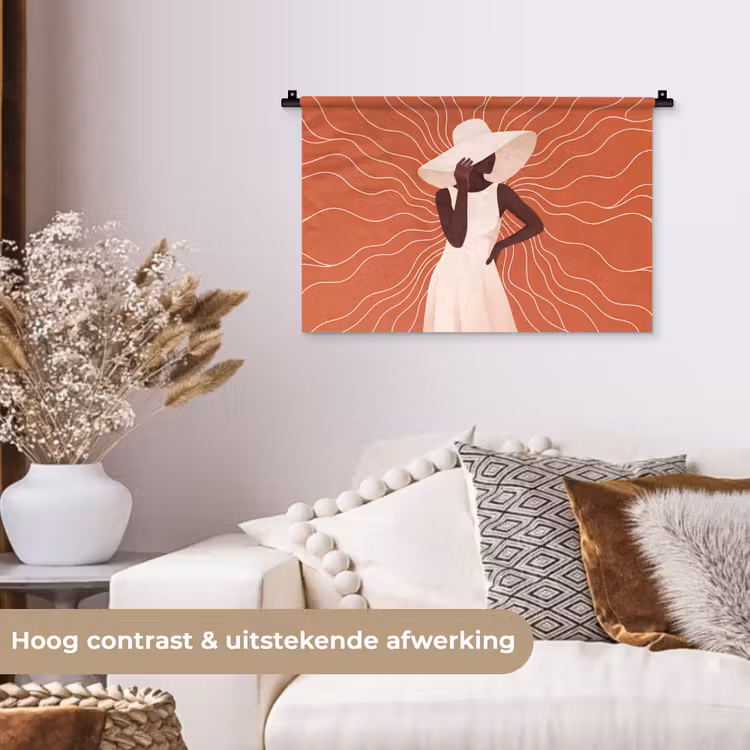 Vrouw - Hoed - Portret - Modern - Beige Wandkleed katoen klein -sfeer1