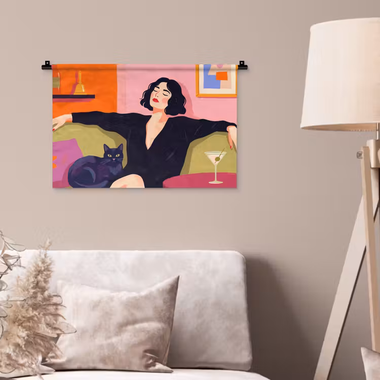 Vrouw - Kat - Interieur - Modern - Kleurrijk Wandkleed katoen klein -sfeer4
