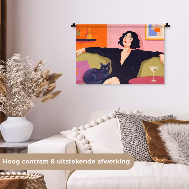 Vrouw - Kat - Interieur - Modern - Kleurrijk Wandkleed katoen klein -sfeer1