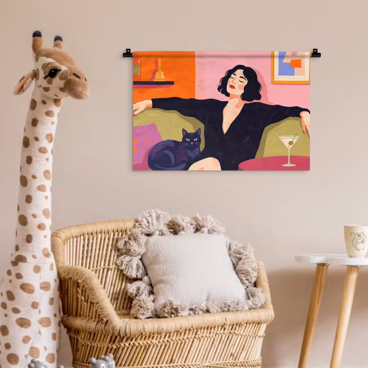 Vrouw - Kat - Interieur - Modern - Kleurrijk Wandkleed katoen klein -wsfeer5_kind