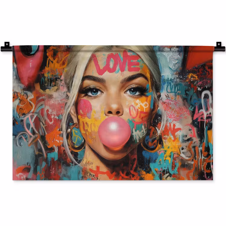 Vrouw - Kauwgom - Graffiti - Love Wandkleed katoen klein -zz3d
