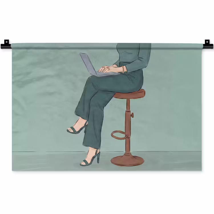 Vrouw - Laptop - Zittend - Illustratie - Groen Wandkleed katoen klein -zz3d
