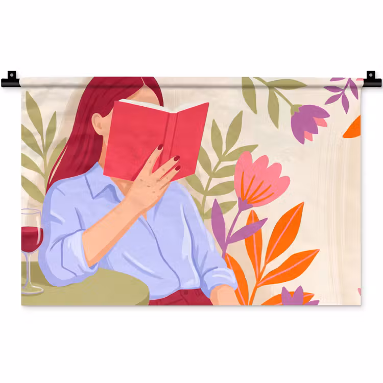 Vrouw - Lezen - Thuis - Modern - Bloemen Wandkleed katoen klein -zz3d
