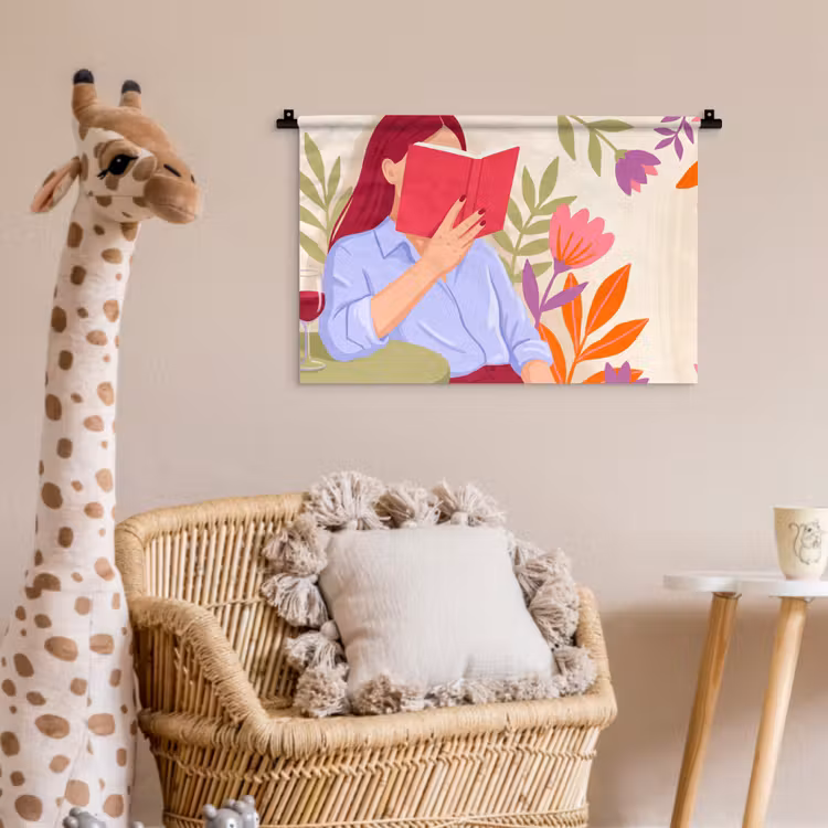 Vrouw - Lezen - Thuis - Modern - Bloemen Wandkleed katoen klein -wsfeer5_kind