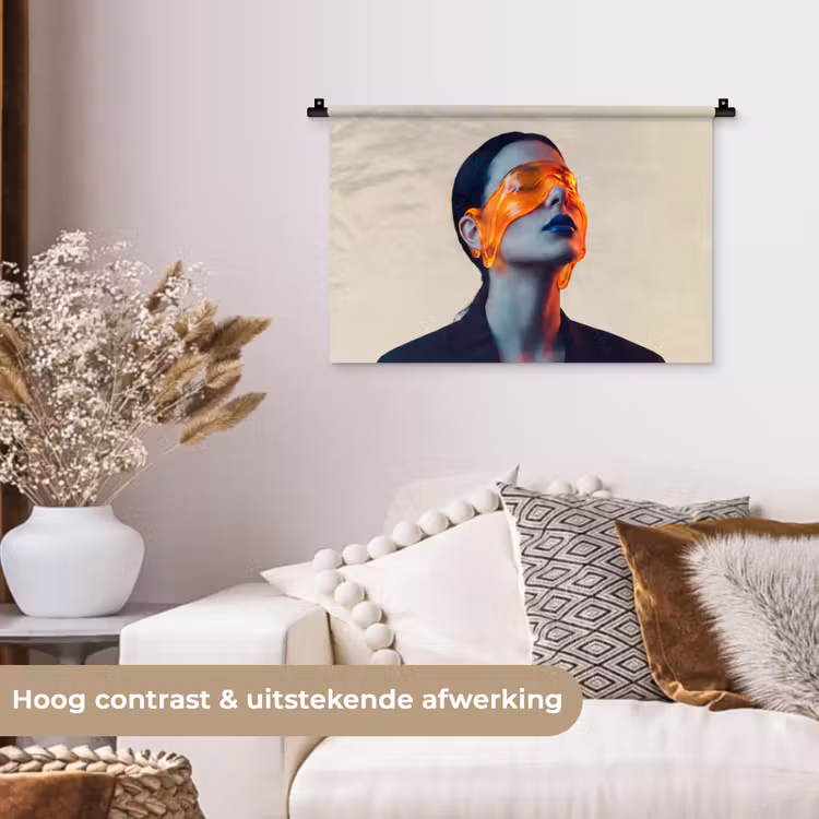 Vrouw - Oranje - Abstract - Modern - Kleurrijk Wandkleed katoen klein -sfeer1