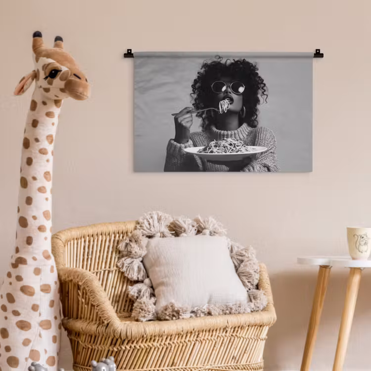 Vrouw - Pasta - Zwart - Wit Wandkleed katoen klein -wsfeer5_kind