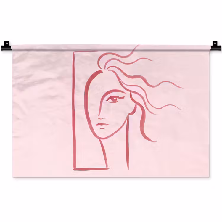 Vrouw - Portret - Abstract - Lijnkunst - Rood Wandkleed katoen klein -zz3d
