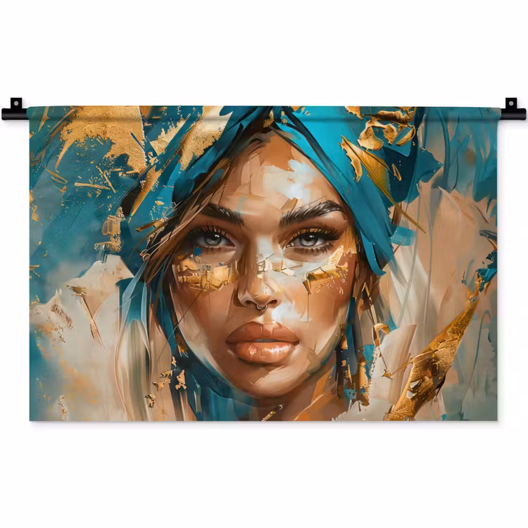 Vrouw - Portret - Goud - Luxe - Blauw Wandkleed katoen klein -zz3d