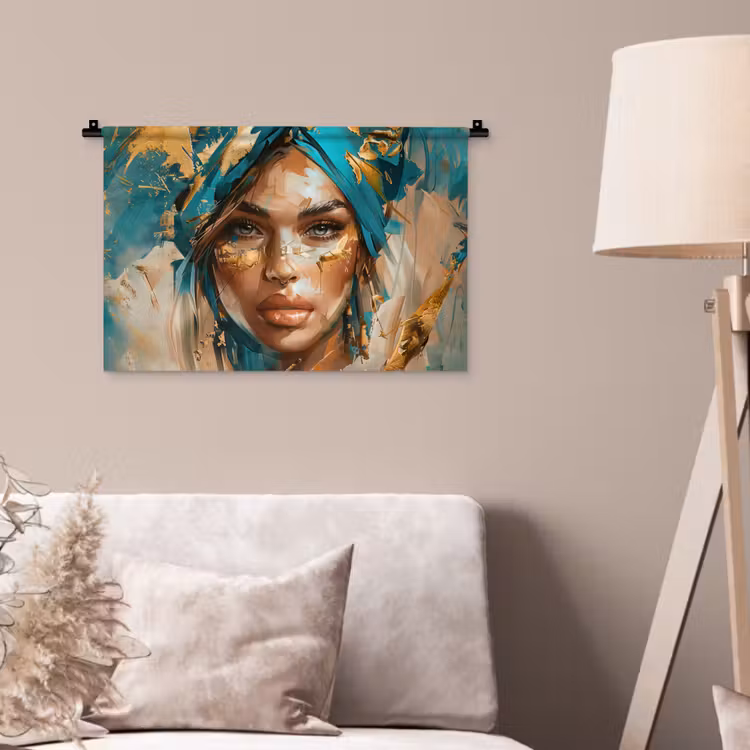 Vrouw - Portret - Goud - Luxe - Blauw Wandkleed katoen klein -sfeer4