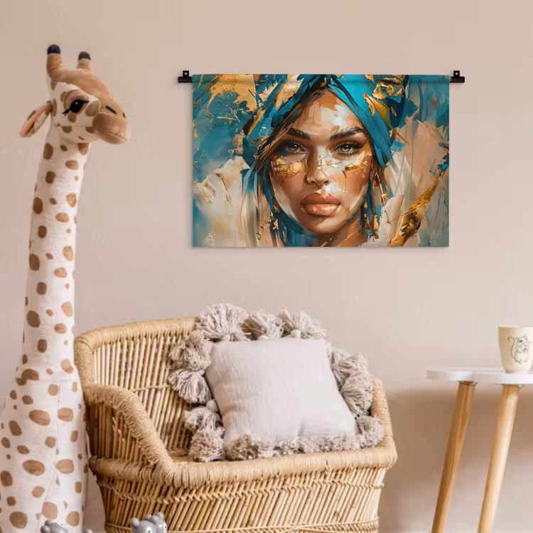 Vrouw - Portret - Goud - Luxe - Blauw Wandkleed katoen klein -wsfeer5_kind