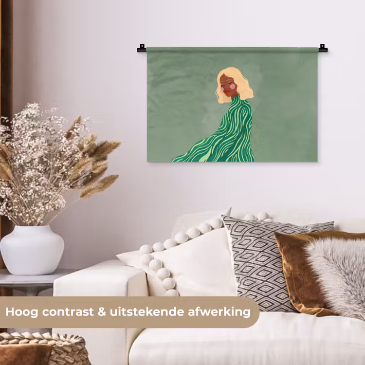 Vrouw - Portret - Illustratie - Modern - Groen Wandkleed katoen klein -sfeer1