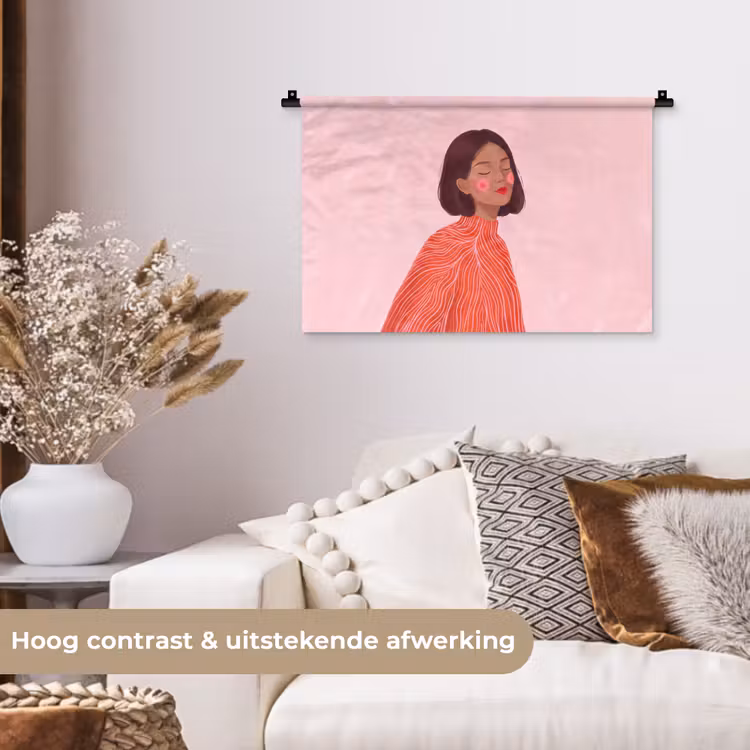 Vrouw - Portret - Modern - Kunst - Roze Wandkleed katoen klein -sfeer1
