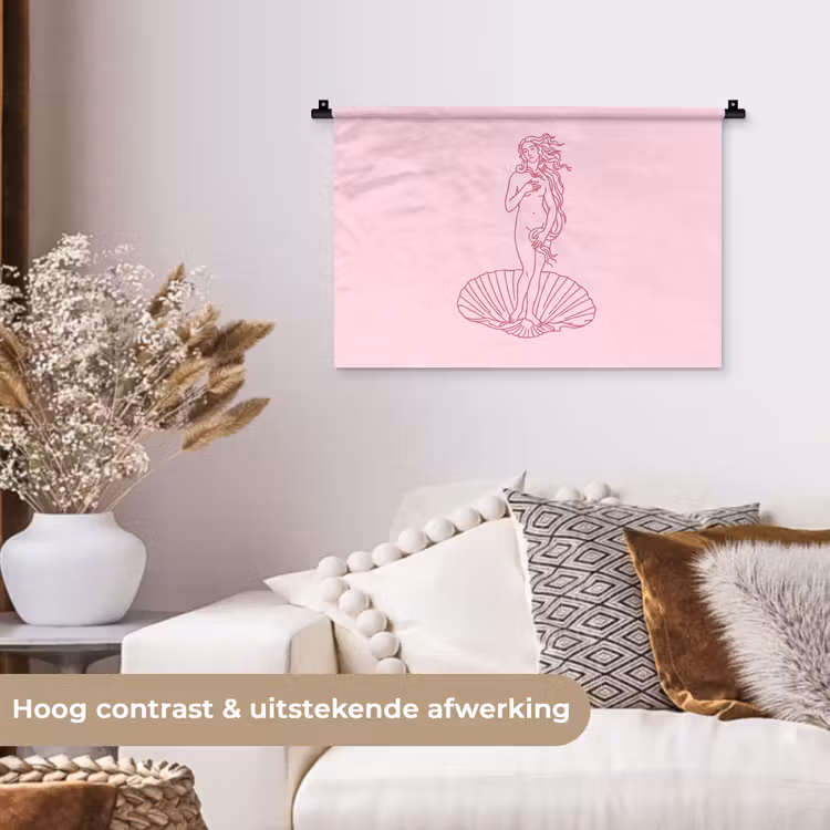 Vrouw - Schelp - Kunst - Lijntekening - Roze Wandkleed katoen klein -sfeer1
