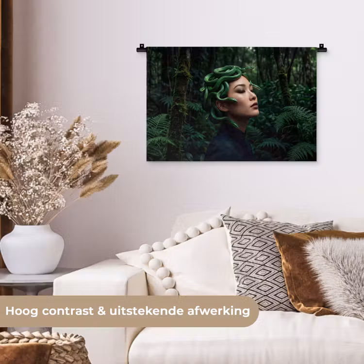 Vrouw - Slang - Natuur - Mystiek - Groen Wandkleed katoen klein -sfeer1