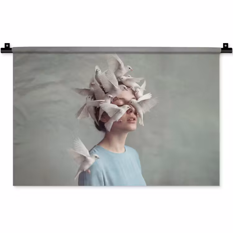 Vrouw - Vogels - Abstract - Modern - Wit Wandkleed katoen klein -zz3d