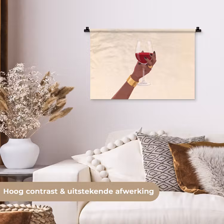 Vrouw - Wijn - Glas - Illustratie - Rood Wandkleed katoen klein -sfeer1