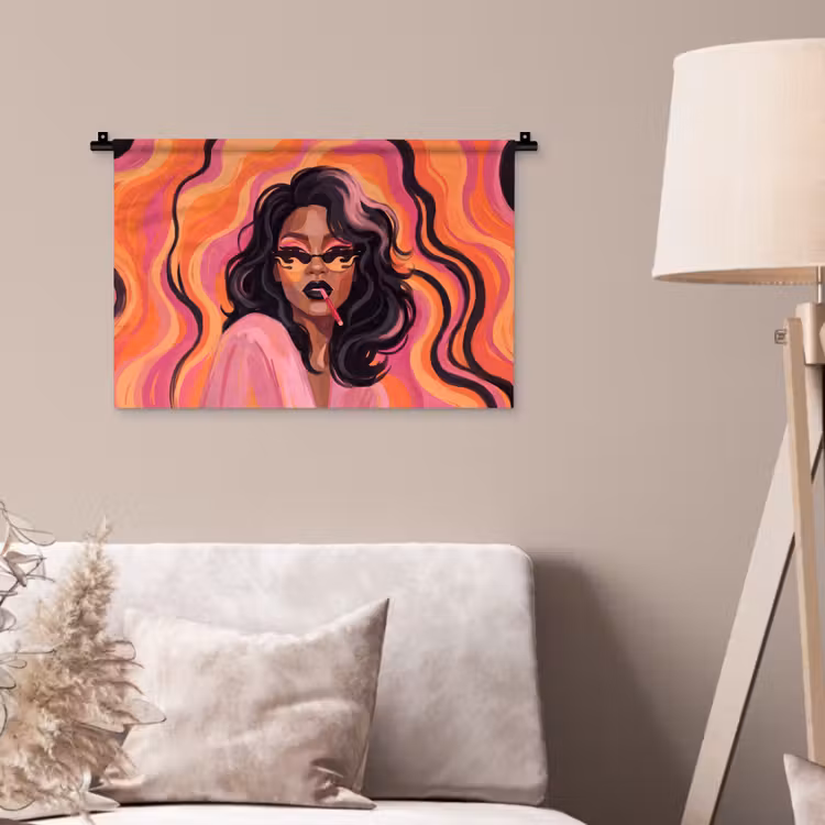 Vrouw - Zonnebril - Modern - Portret - Oranje Wandkleed katoen klein -sfeer4