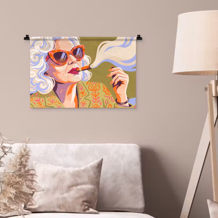 Vrouw - Zonnebril - Portret - Modern - Kleurrijk Wandkleed katoen klein -sfeer4