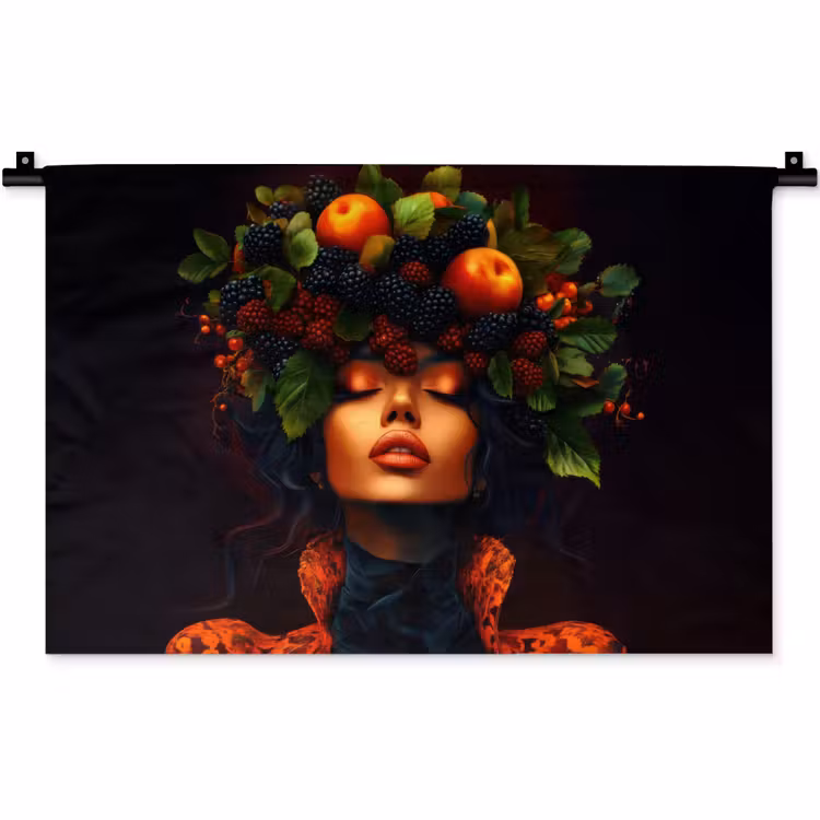 Vrouw - Zwart - Bessen - Bramen - Appels Wandkleed katoen klein -zz3d